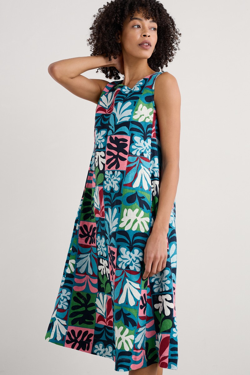 An image of Seasalt  Cresting Waves Sleeveless Linen Dress 